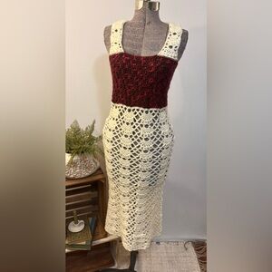 Vintage Crocheted Handmade Midi Dress SMALL Cover Up Boho Fitted Cottage-core